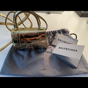 GOLD Balenciaga hourglass mini croc embossed leather shoulder bag